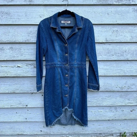 Paris Blues 90s Denim Dress M Button Front Long Sleeve Distressed Raw Hem Hi Low - Picture 1 of 4